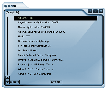 Profil konta X-Lite 2.0 z polami użytkownika, hasła, domeny i SIP Proxy oraz ustawieniem rejestracji Zawsze.